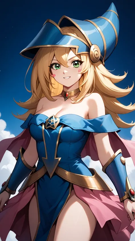 aadmg, long hair, blonde hair, hat, blue headwear, green eyes, blush stickers, breasts, choker, bare shoulders, cleavage, blue dress, vambraces, pelvic curtain, pink skirt,battle pose,