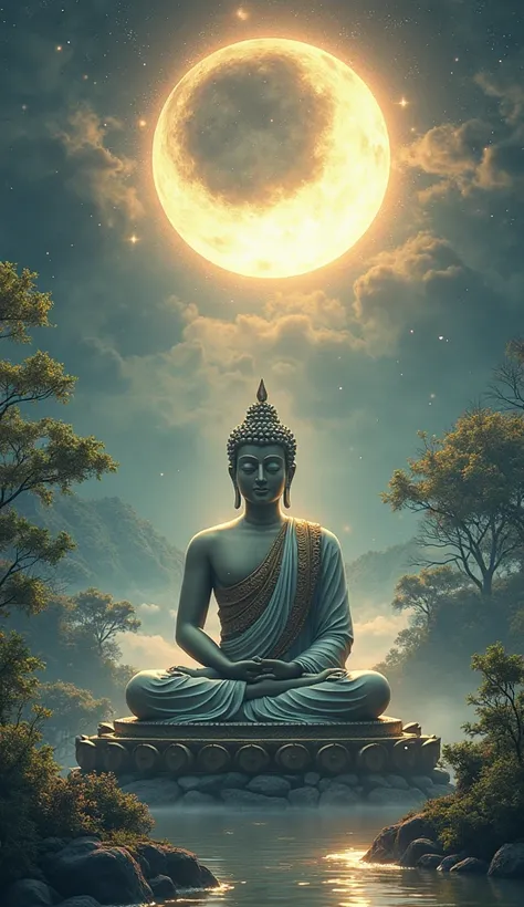 Buddha Image,  meditate, Glowing light, Thai Art Scenic Background, high resolution, quality, Wide angle view, Sitting still,  , illustration, Decorative Arts,  character design, A lunar eclipse 