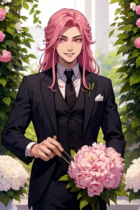 Perfect face. Perfect hands. A pink haired man with violet eyes and long hair in a Gothic suit is setting up the decoration for a wedding reception in a peony garden with a big smile