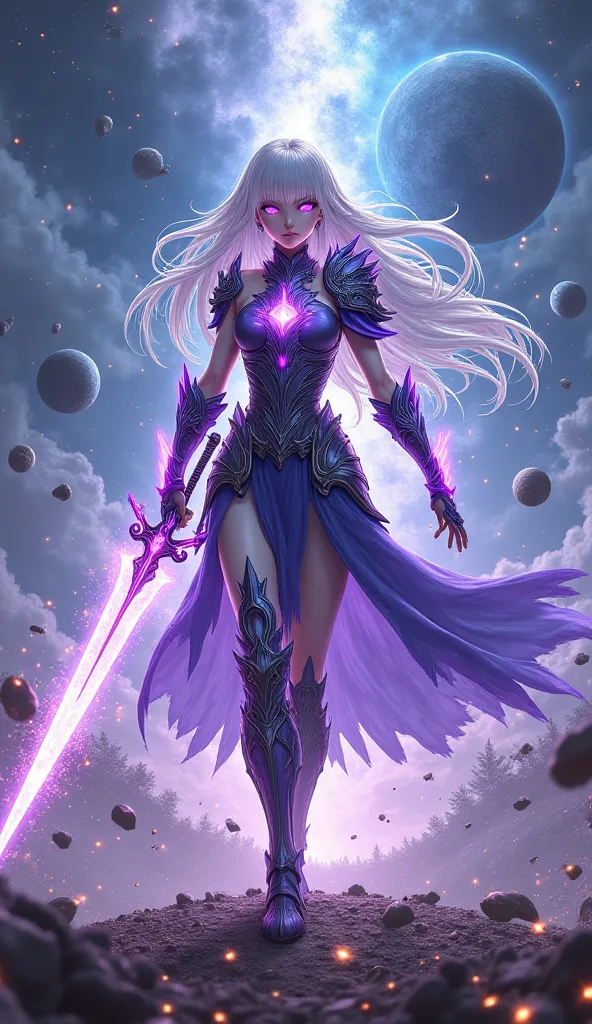 A fierce anime warrior with flowing silver hair and glowing violet eyes stands in the middle of a celestial battlefield. She wears an intricately designed enchanted armor, pulsing with arcane energy. Behind her, shattered planets and swirling cosmic storms...