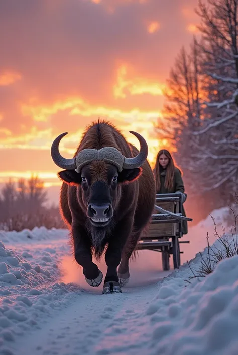 ( shoes ) A fragile road covered with purple and gold snow, a large buffalo pulling a wooden cart with two accents keeping a slow pace, puffing milky plumes of air that are entangled with curved horns, the sky clouds are always colored, rosa, since all the...