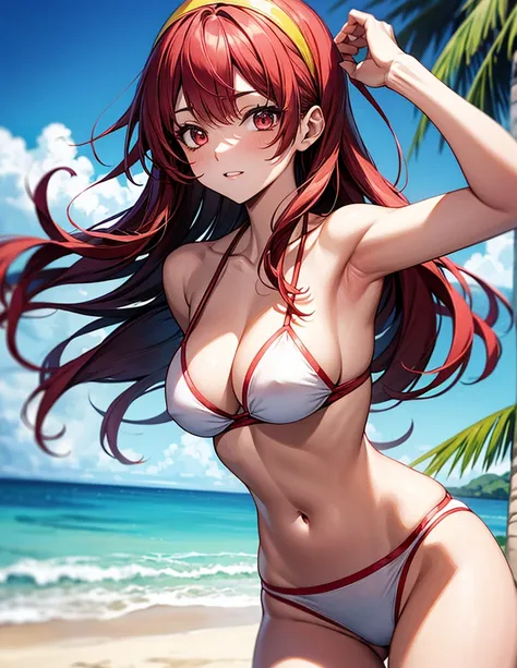  Fujisaki Shiori, red hair, long hair, yellow headband, red eyes, glamorous, tight waist, beautiful breasts, white bikini, beach, tropical
