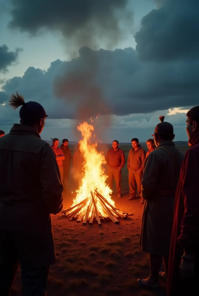 "First-person perspective as the camera looks toward a group of elders and other tribe members gathering around a large fire. The flickering flames illuminate their faces, giving a sense of strength and unity. The camera focuses on a nearby figure, an elde...