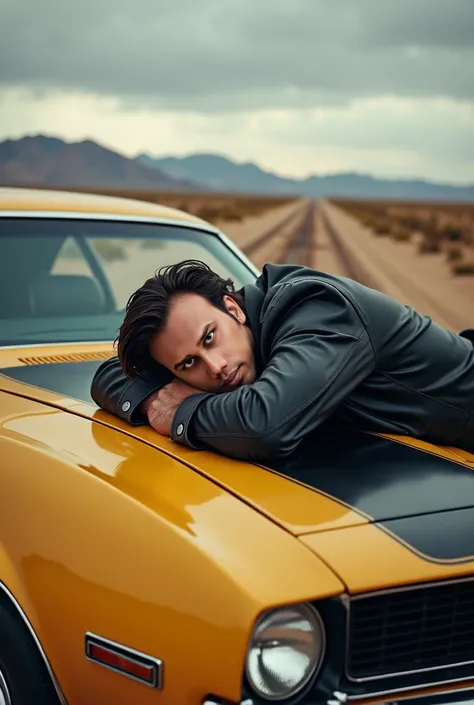 A charming, medium-built handsome man with piercing brown eyes lies casually on the hood of a vintage muscle car. Clad in a rugged leather jacket and faded jeans, his windswept dark hair and subtle stubble enhance his rebellious allure. The classic 1960s m...