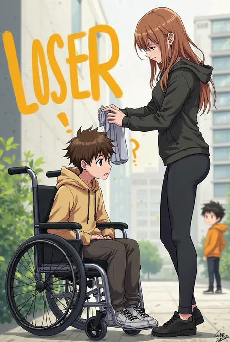 "An anime-style illustration of a young man with brown hair sitting in a wheelchair, with a sad expression and casual clothing (hoodie and pants). In front of him, a tall woman with long hair and tight sportswear extends an item of clothing to him in a dis...