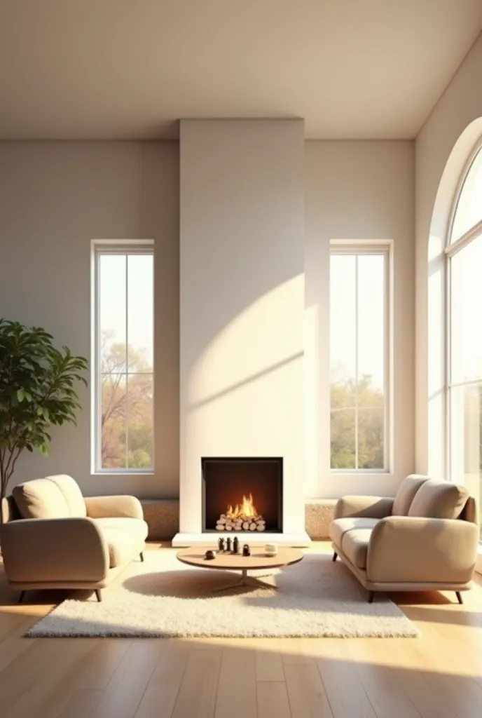 12 square meters minimalist living room, 2 windows with sunlight, 1 sofa, 2 armchairs, fireplace