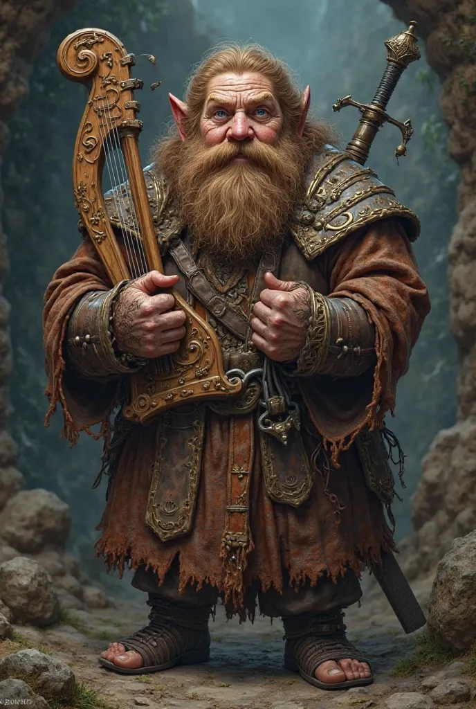 103-year-old dwarf bard, 128 cm tall and 82 kilos heavy, brown hair and blue eyes, Holding the lyre, A sword on the back , wearing leather armor