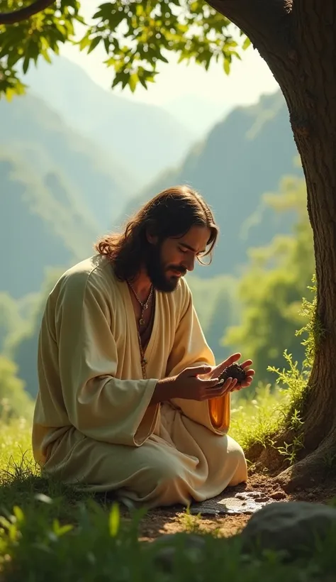 A divine and serene depiction of Jesus Christ in a peaceful, green area near a tree in a mountainous landscape. He is bending down, carefully molding the mud in his hands, shaping it into the form of a bird. His face radiates calm and wisdom, as the mud be...