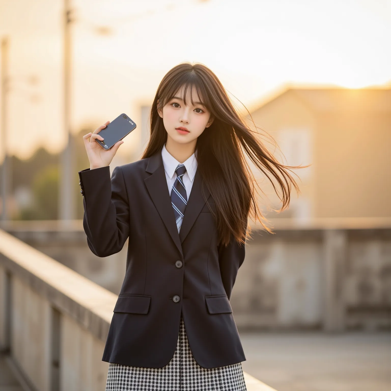 A Japanese high school girl takes a TikTok-style selfie on the school rooftop after school. Her uniform is a blazer and a checkered skirt. With her long black hair blowing in the wind, she holds up her smartphone with a cute expression. In the background i...