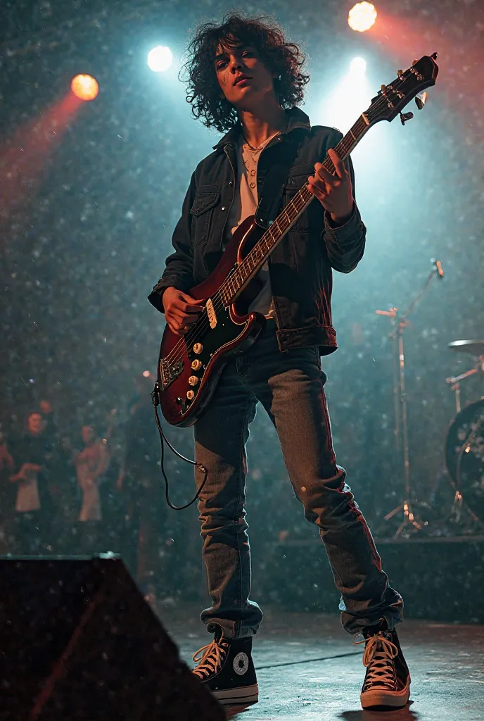 A white rock singer from 1, 72 cm curly black hair and front green eyes playing double bass jeans and black jacket an all-star sneaker playing at a concert
