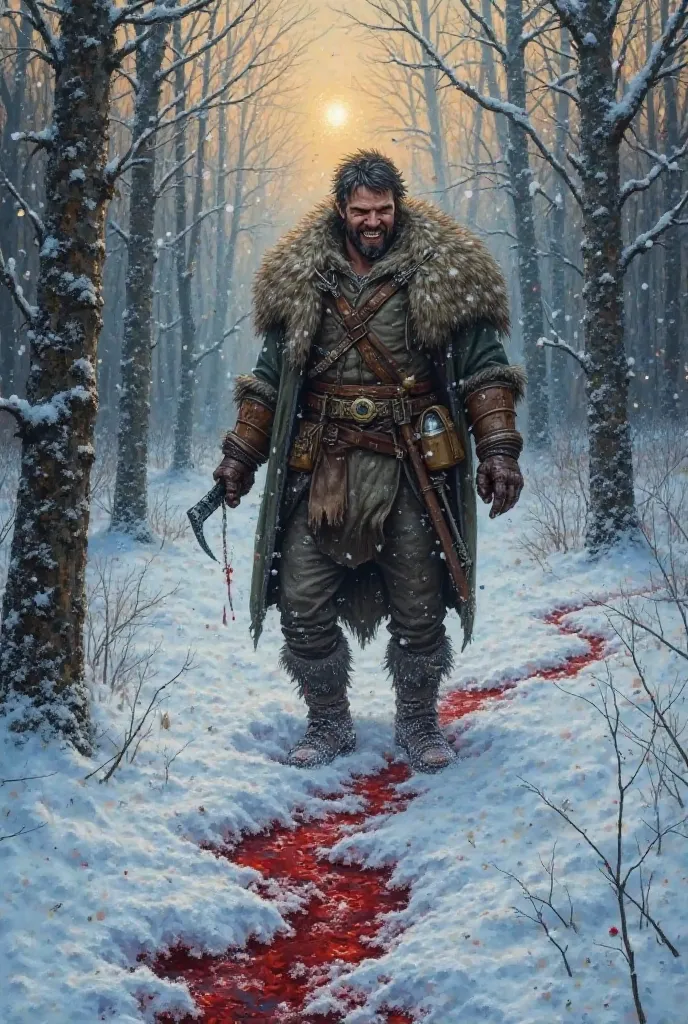 A fierce hunter stands in the snowy forest, his breath steaming in the cold air. He looks down at the blood-red tracks he has unknowingly left in the snow, his chest heaving as he laughs defiantly. His fur cloak is dusted with frost, and his bloodied hands...