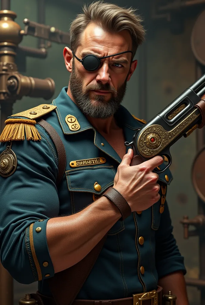 Handsome military man with eye patch with a steampunk shotgun