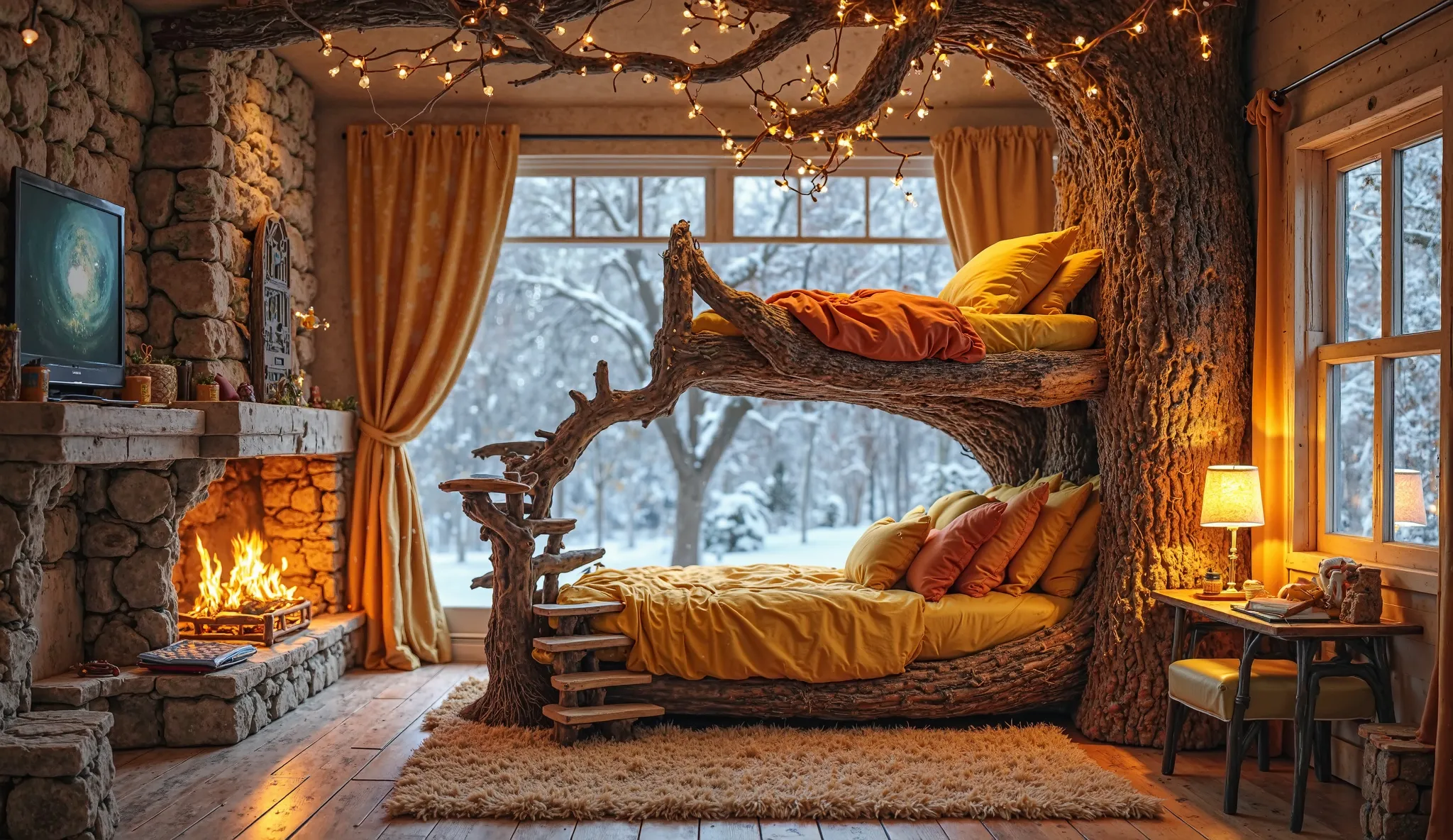 Imagine a cozy bedroom interior straight out of a fairy tale。in the center of the room、There are unique bunk beds made from twisted branches and thick trunks。The lower bed is integrated into a large tree trunk、The upper bed is supported by branches、Accessi...