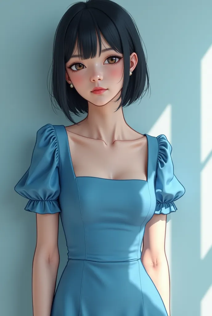 Photorealistic, Ultra-detailed, finely detail, High resolution, 8K Wallpaper, skyblue colored one piece dress square neck and middle sleeve. 27 japanese beauty. she has two holes bitten by a vampier on her neck side. she is down.