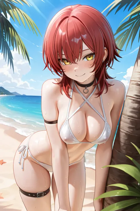 NSFW,masterpiece,Highest quality,High Resolution,very detailed, boyish girl,high school girl, red hair ,medium hair,wolf cut,stupid hair,with golden eyes,choker,white halter bikini,multiple straps,thigh strap,ribbons,beach,palm tree,smile,blush, body is we...