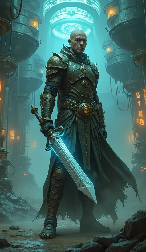 A warrior in a scientific laboratory, holding a sword made of alien material, surrounded by technological experiments.
