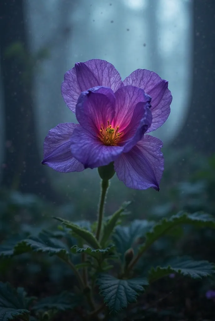 A deadly and poisonous Aconite flower in close-up. Its bright purple petals look beautiful, but the atmosphere around it is eerie and ominous. The background features a dark foggy forest, creating a sense of danger. Nearby, there are poison symbols ☠️, war...