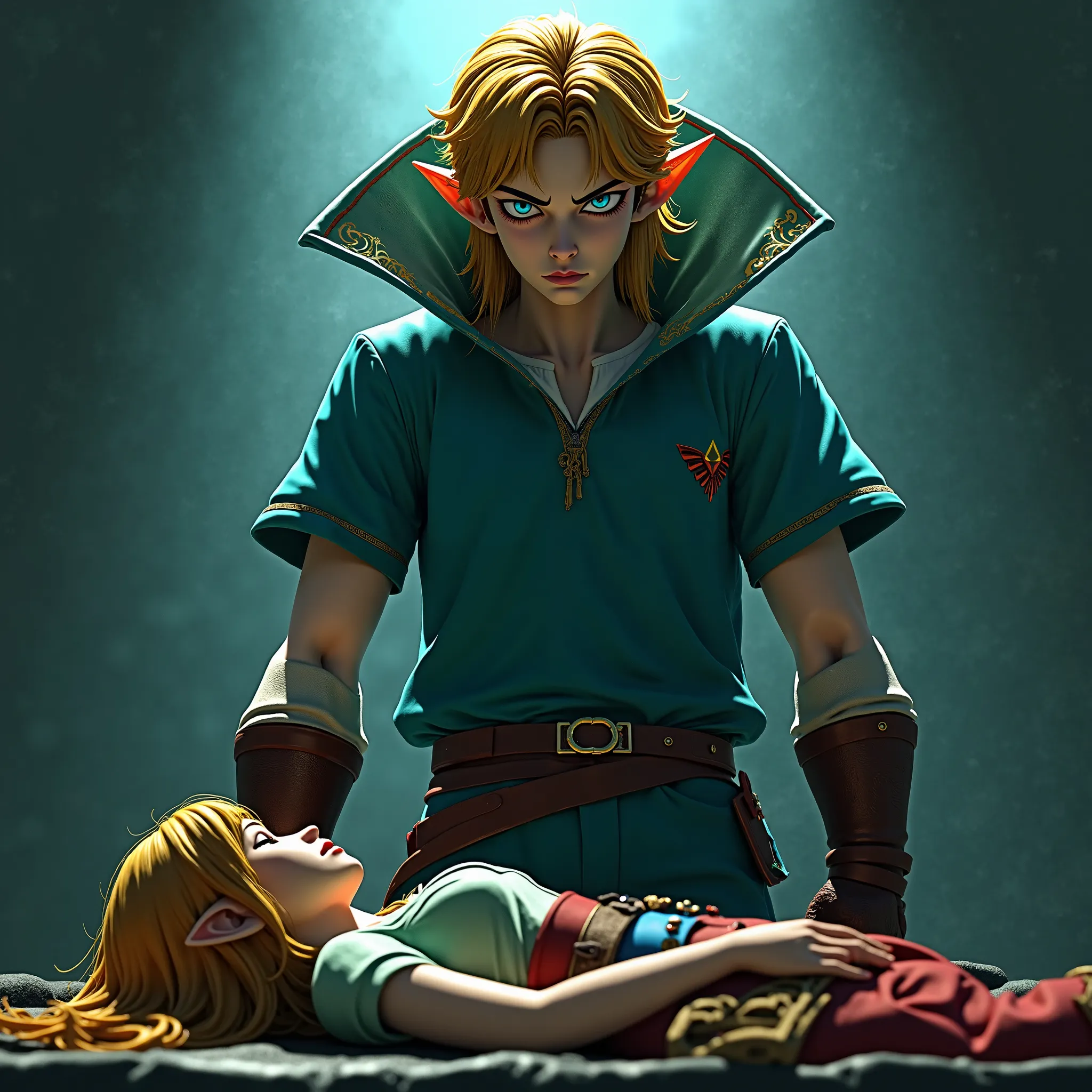 Anime Legend of Zelda King Link wearing a Massive popped collar polo with a collar so high it's taller than his head he stabbed Princess Zelda to death