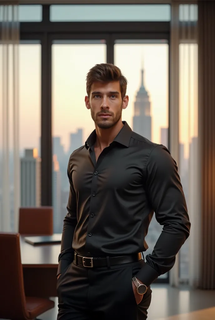 elegant man wearing camisa preta, standing in a luxurious office interior, with large windows overlooking a cityscape, 4K,  ultra-detailed, Realistic, photoRealistic, HDR,  Studio lighting , sharp focus,  Professional, vivid colors, hot