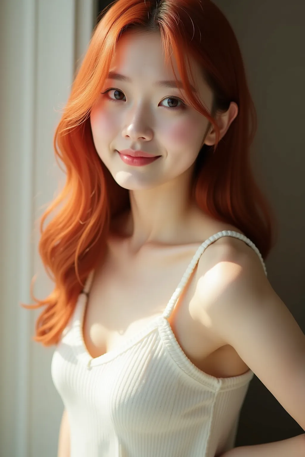 Professional Photo Shoot of Beautiful Women、Natural light shines beautifully on the subject、Cute 18-year-old Japanese with red hair、Small face、Well-balanced Contour、The skin is white and transparent,、There are few blemishes and dullness、, big eyes, and dou...