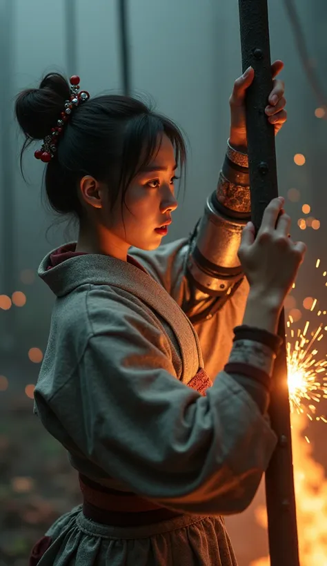 Very realistic, realistic, a young Japanese female craftsman in a kimono with a mechanical prosthetic arm climbs a tall iron pole and creates an iron pole that emits a mysterious light. A surprised expression, part of the arm is fused with an elaborate mac...