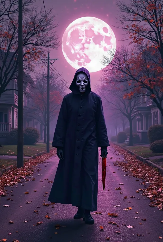 Image of Ghostface with a bloody knife in his hand,in the middle of a street in the middle of autumn with shades of purple,with leaves on the floor , With a full Moon and with trees and houses on both sides 