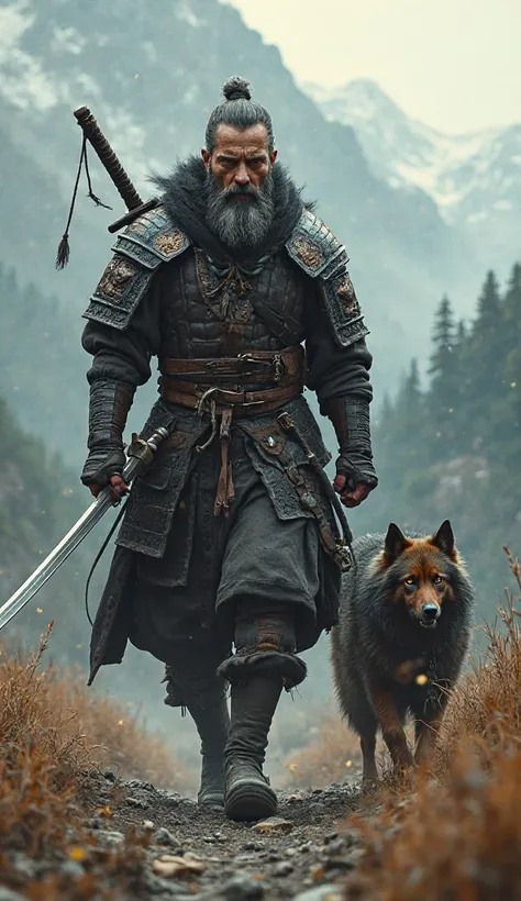 A swordsman walking with a dog