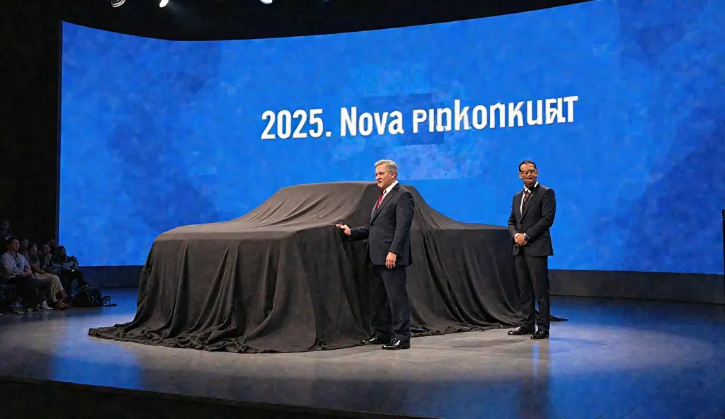 "An automotive unveiling event featuring the 2025 (.     Chevrolet Nova pickup truck ). A large, sleek car is covered with a black cloth, its silhouette visible on a well-lit stage. Two professional presenters, a man and a woman in formal attire, stand bes...