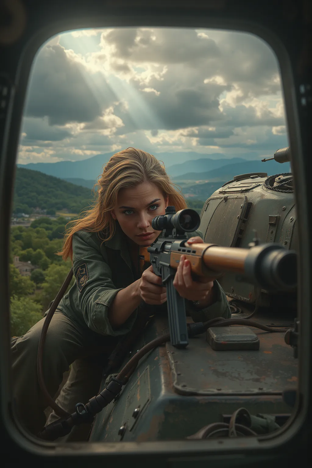 Mature_sniper_woman_in_tank,firing_rifle_from_hatch,highly_detailed,photorealistic,cinematic_lighting,dramatic_angle,armored_military_tank,cloudy_overcast_sky,sun_rays_piercing_clouds,lush_green_forest_background,precise_sniper_rifle_aim,intense_military_c...