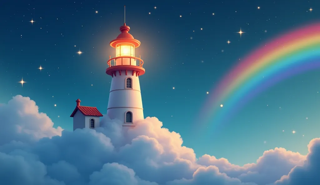 A cartoon-style lighthouse built on a floating cloud, with a slowly rotating warm light illuminating the starry sky. The cloud holding the lighthouse moves gently, leaving a trail of small glowing particles. In the background, a pastel rainbow appears and ...