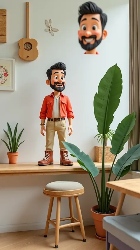 Pixar Style:man with a short beard, black hair, smiling, wearing a red shirt, beige pants and boots, white background,3D poster, pixar, being faithful to the realistic