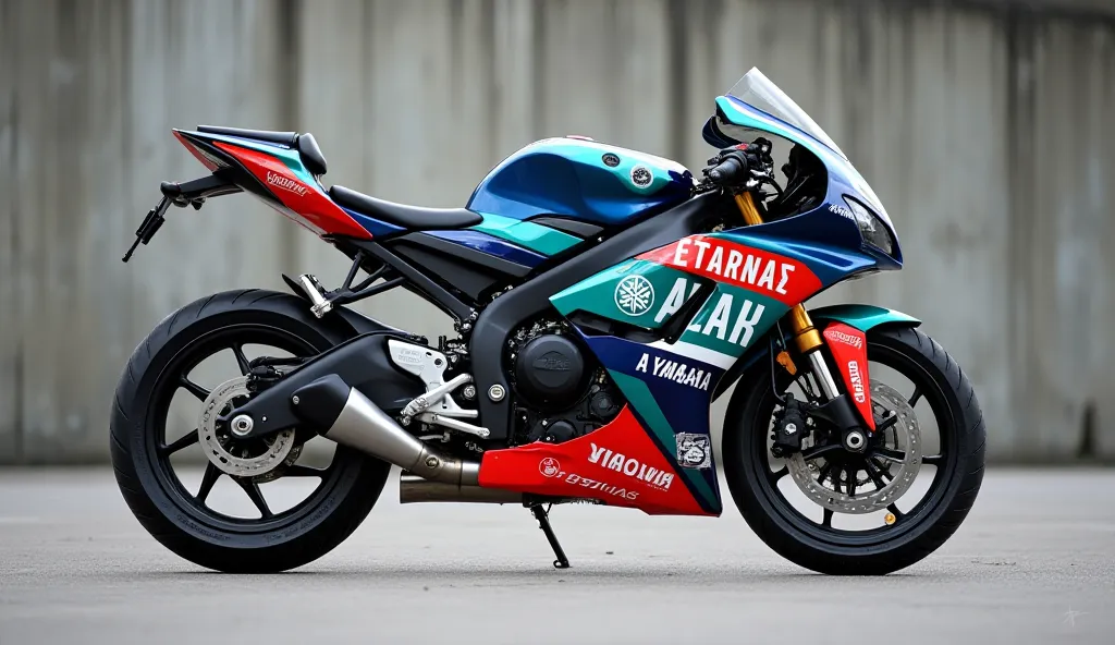 "A full side-profile shot of a Yamaha Y15ZR underbone motorcycle, dressed in a bold Petronas Yamaha SRT racing livery. The bike features a streamlined body, a sculpted seat, and a sleek exhaust system. The custom alloy wheels, disc brakes, and racing decal...