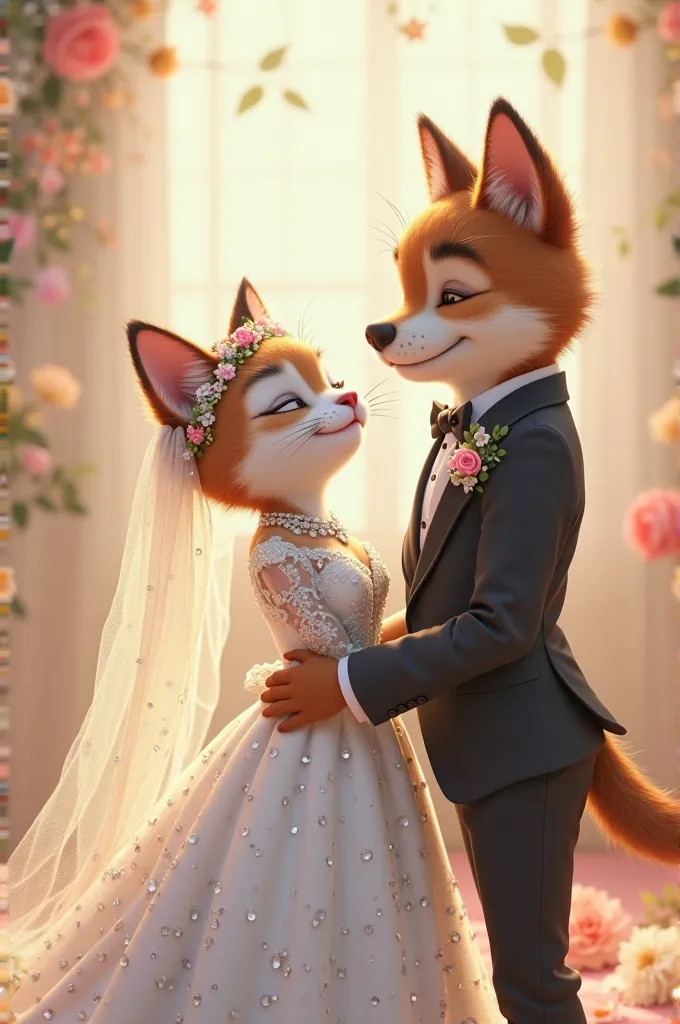 cat bride in pearl white wedding dress, dog groom in black suit elegantly look at each other laughing