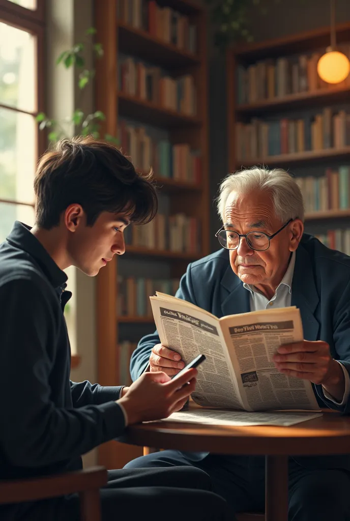 Image of a student reading the news on his phone and an elderly man reading the newspaper