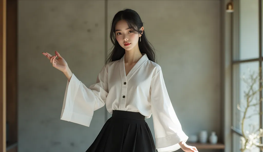 Japanese girl in black skirt and white full body blouse inviting me to something 