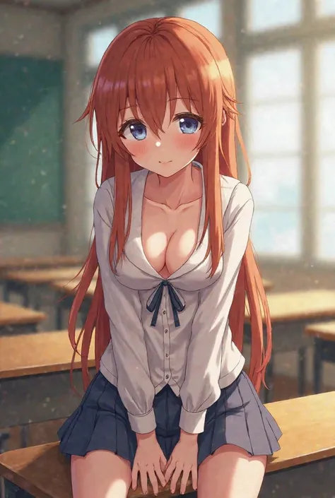 Anime schoolgirl is sitting on the desk shirtless and with her hair behind her shoulders with nothing to cover her,because a boy who is in love with her tore it off so he could touch her breasts (The girl's breasts are huge,Giants)and her classmates are ta...