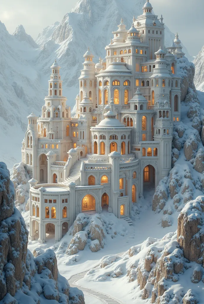 A large, elaborate, white city structure, resembling a mountaintop palace, is situated amidst a snowy landscape.  The city is composed of numerous interconnected buildings, arches, and courtyards.  The architecture is ornate and classical, with many window...