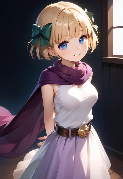 1girl,solo,alone,(youth),cowboy shot,standing,(blonde hair:1.2),short hair, straight bob cut,(green bows),(blue eyes:1.2),(beautiful fingers:1.4),(perfect anatomy:1.4),(arms_behind_back:1.6),medium breasts,(beautiful breasts:1.2),(masterpiece,best quality:...