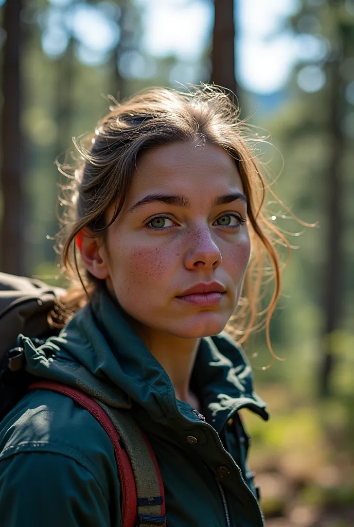 The girl is a hiker,: 24 years
Personality : old, intelligent, observant. The background is a Canadian pine forest, visible only in the face, neck.