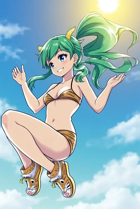 A young girl with vibrant green hair and striking blue eyes, smiling brightly. She wears a tiger-striped bikini and matching tiger-patterned shoes. Small, short yellow horns adorn her head. She is gracefully floating in mid-air against a bright, sunny sky ...