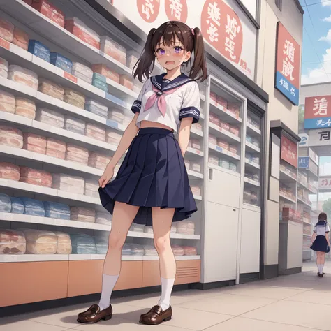 Alone, Shizuwa Inui,1 girl,Alone,brown hair,twin tails,purple eyes, eyewear , sailor suit,Navy shirt ,short_ sleeve, pleats_skirt,紺skirt,  white socks,loafers, Outdoors, full body, standing ,white panties,embarrassed face,blush, teary eyes in the store,ope...