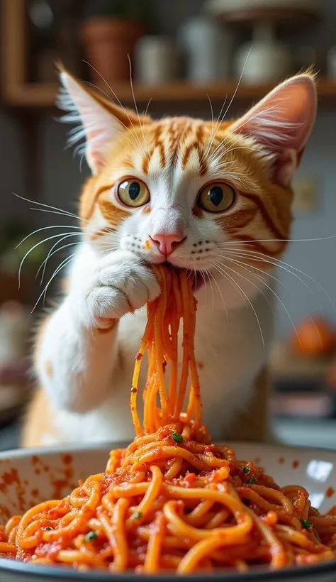 A yellow and white cat with striking fur sits on top of a kitchen counter. The cat's eyes gleam with curiosity as it picks up a strand of spaghetti from a bowl filled with delicious tomato pasta. With its paw, the cat delicately holds the pasta, bringing i...