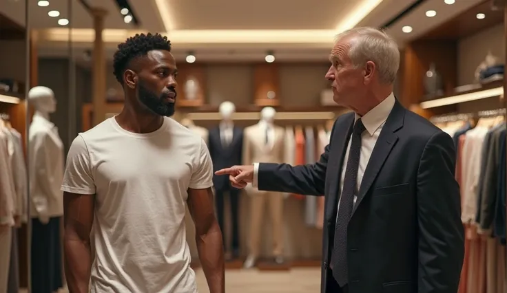 A 30-year-old Black man wearing a white t-shirt stands inside a high-end clothing store, looking surprised and frustrated. A 40-year-old White man in a sharp business suit angrily points toward the exit, ordering him to leave. The store interior is modern ...