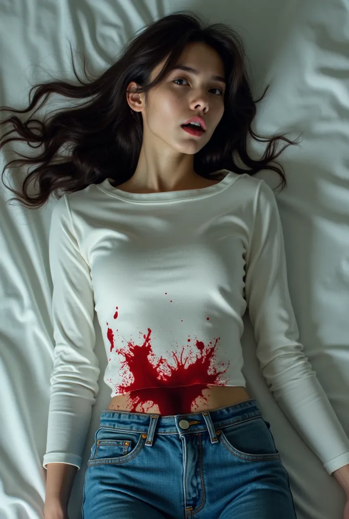 A girl wearing a very tight white winter shirt with long sleeves and blue jeans gets shot in the abdomen, bleeds and falls on her back 