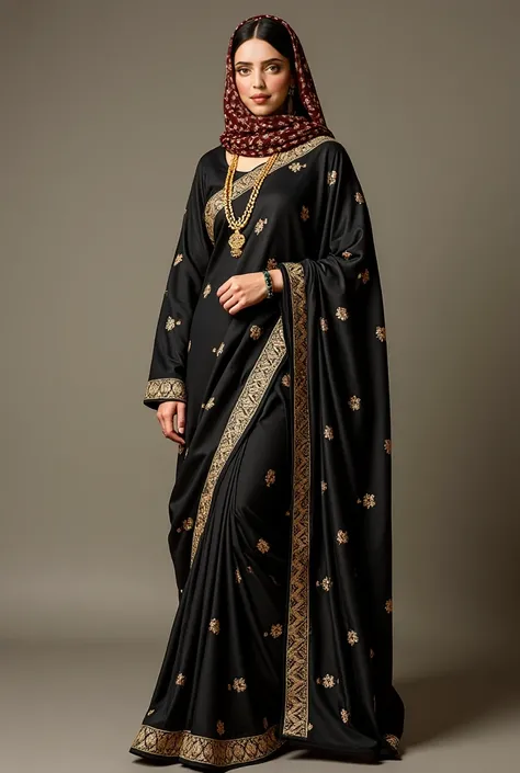 A stunning young woman in her 20s, with a flawless figure, is elegantly dressed in a beautifully printed saree. Over it, she wears a long black abaya adorned with intricate golden designs. Her floral-printed hijab complements her look, while a long, rich g...