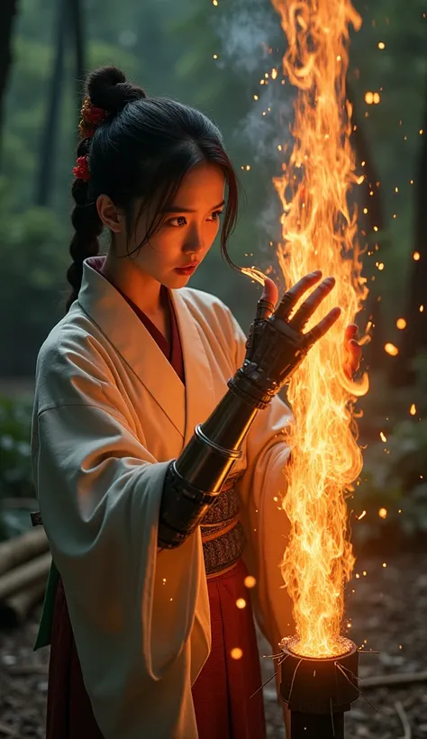 Very realistic, realistic, a young Japanese female craftsman in a kimono with a mechanical prosthetic arm climbs a tall iron pole and creates an iron pole that emits a mysterious light. A surprised expression, part of the arm is fused with an elaborate mac...