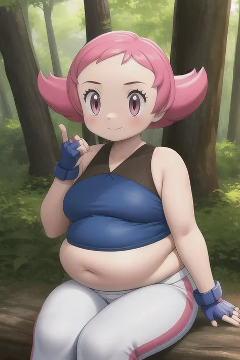 pkmnmaylene, 1girl, solo, pink eyes, pink hair, short hair, bangs,
blue leotard, white pants, track pants, fingerless gloves, blue gloves,
smile, closed mouth ,cowboy shot, sitting,
forest,outdoor,
(insanely detailed, beautiful detailed face, masterpiece, ...