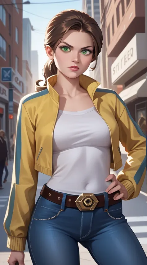 1 girl, long hair, ponytail, green eyes, brown degraded skin, brown hair, shirt,  belt,  yellow jacket,jeans, drill, In the city 