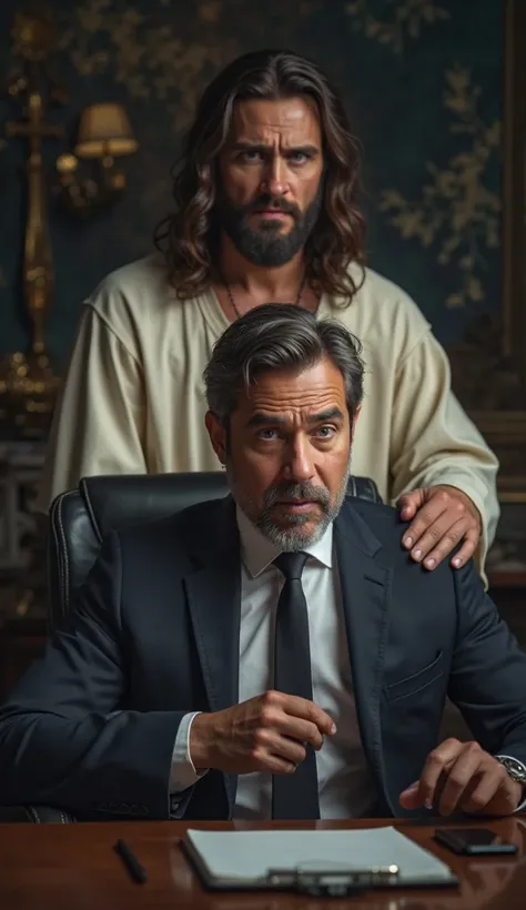 "An ultra-realistic photo in 8K high definition style. A man of +/- 45 years old with Latin-Mexican features, wearing a business suit, is sitting at a computer desk in an office. Behind him, Jesus Christ appears with blue eyes and brown hair, wearing a ser...