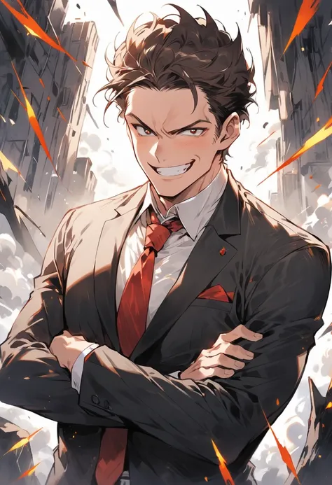 Office at work, one man, 40 years old, short hair, brown hair, grinning face, fearless smile, arms crossed, red tie, black business suit, dignified appearance